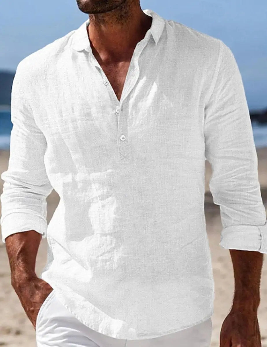 Men's Relaxed-Fit Linen Long-Sleeve Henley Shirt - White