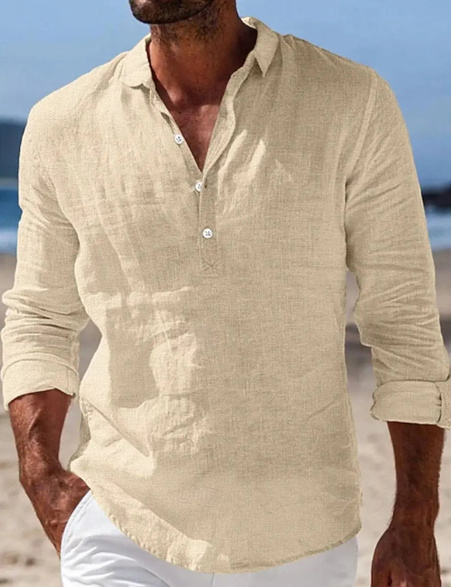 Men's Relaxed-Fit Linen Long-Sleeve Henley Shirt - Beige
