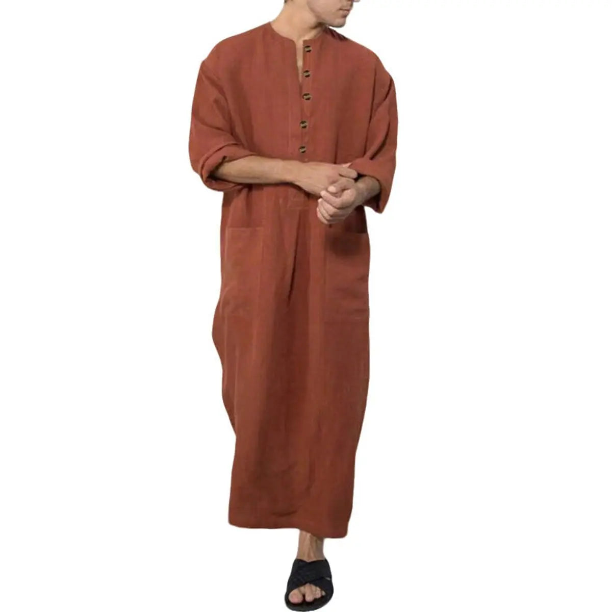 Men's Relaxed Linen Maxi Tunic Kaftan Button-Placket - Brown