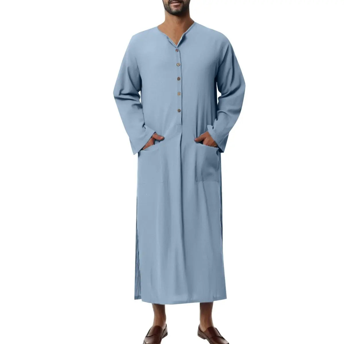 Men's Relaxed Linen Maxi Tunic Kaftan Button-Placket - Light Blue