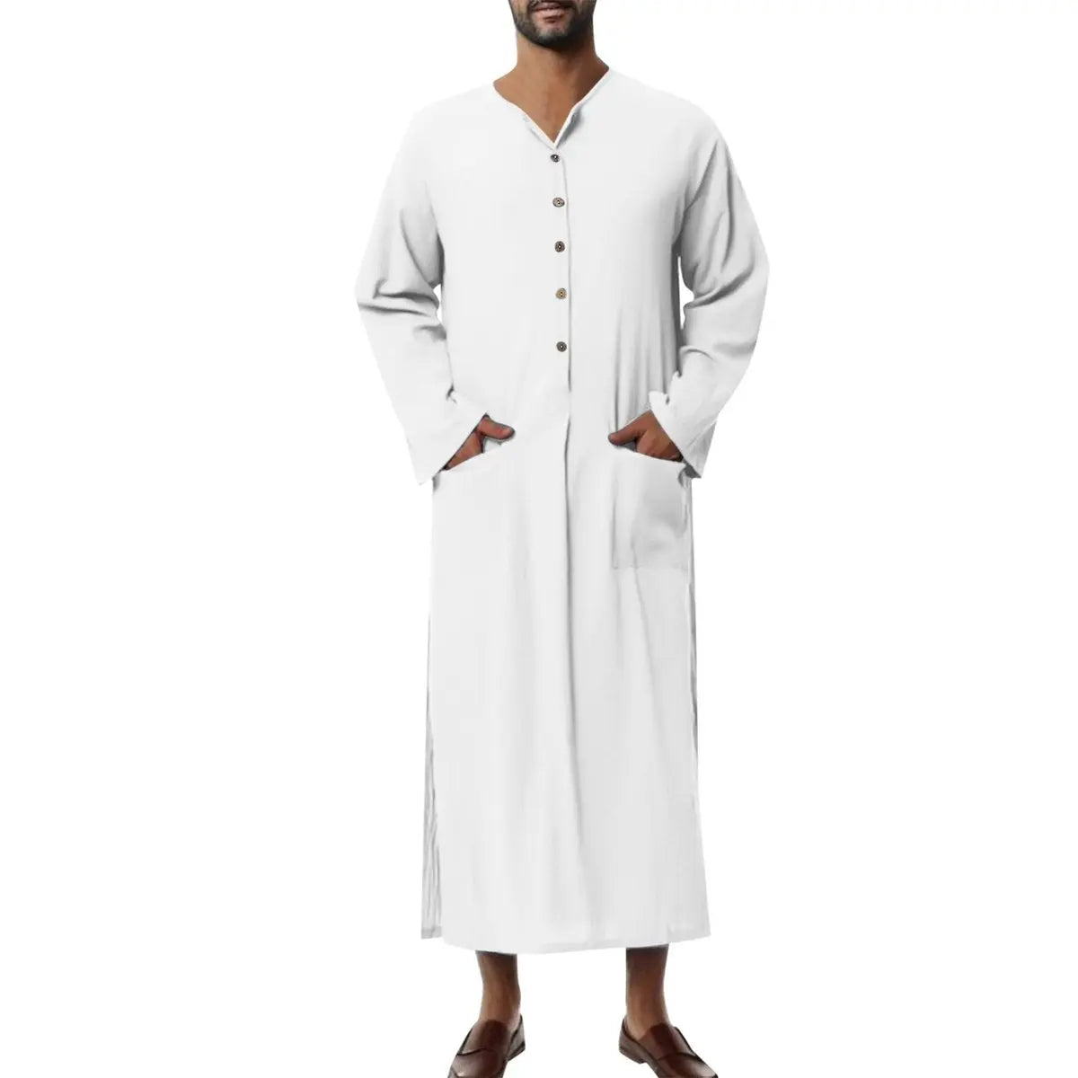 Men's Relaxed Linen Maxi Tunic Kaftan Button-Placket - White