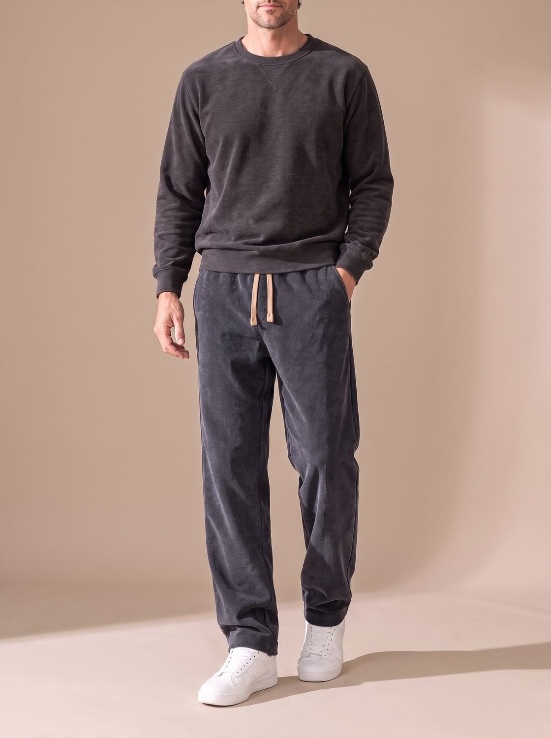 Men's Relaxed Straight-Leg Corduroy Drawstring Trousers - Grey