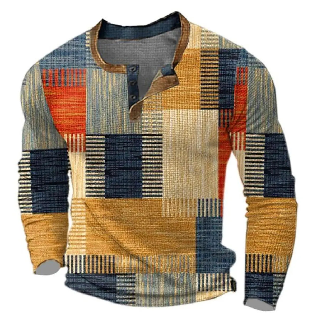 Men's Retro Colour Block Long Sleeve Mens Knit Sweater Henley Top - Orange