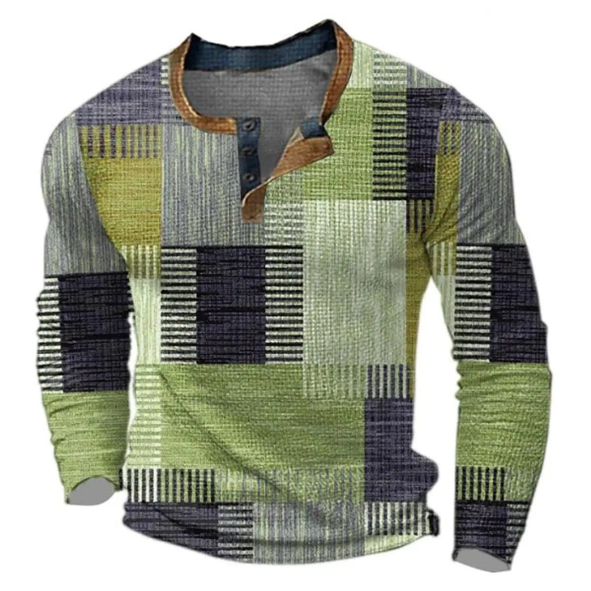 Men's Retro Colour Block Long Sleeve Mens Knit Sweater Henley Top - Green