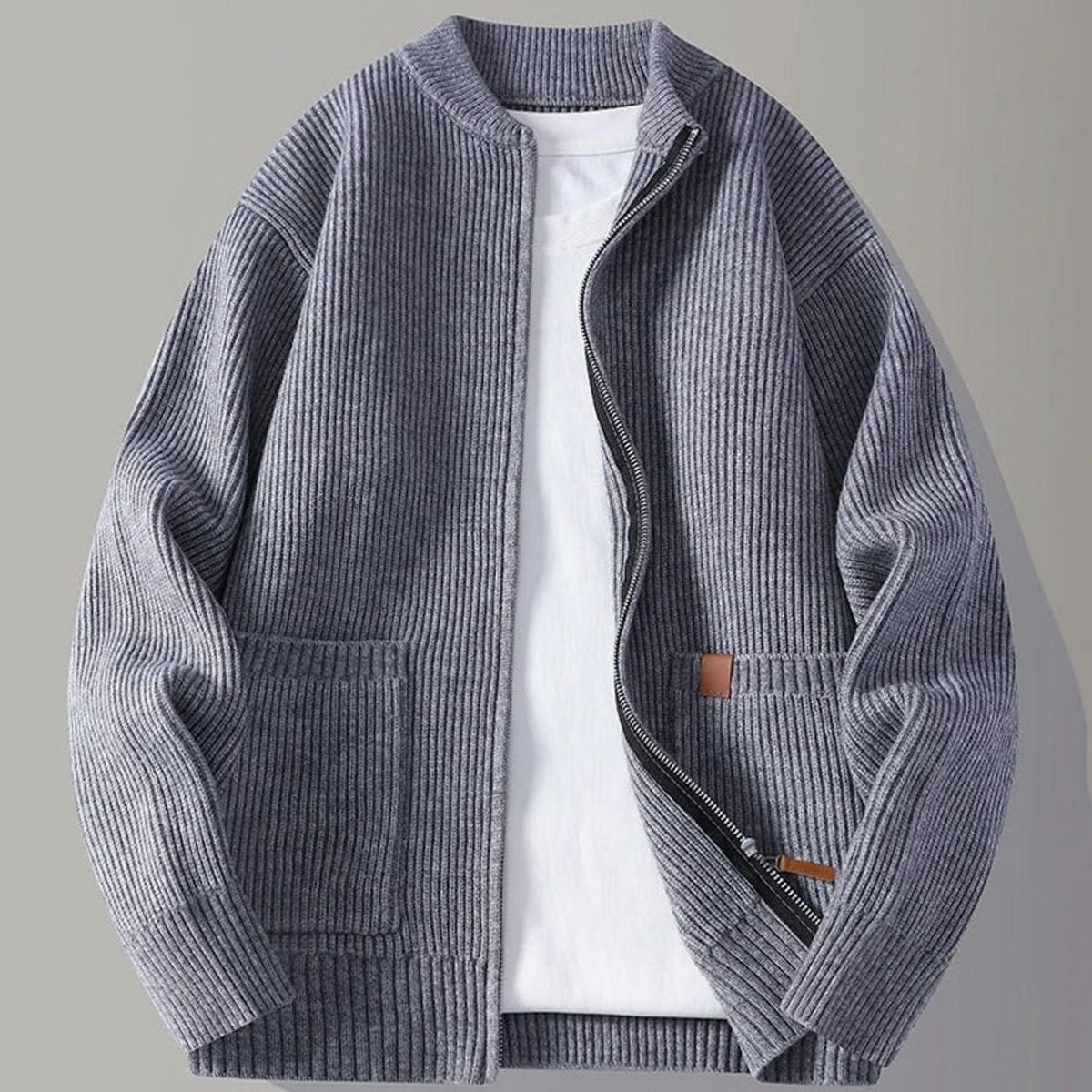 Men's Ribbed Knit Full-Zip Jacket with Front Pockets - Grey