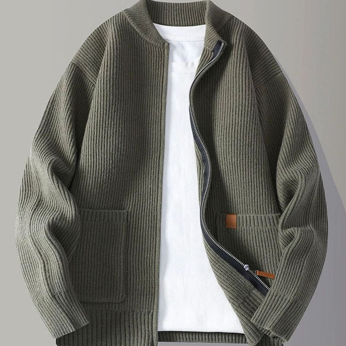 Men's Ribbed Knit Full-Zip Jacket with Front Pockets - Green
