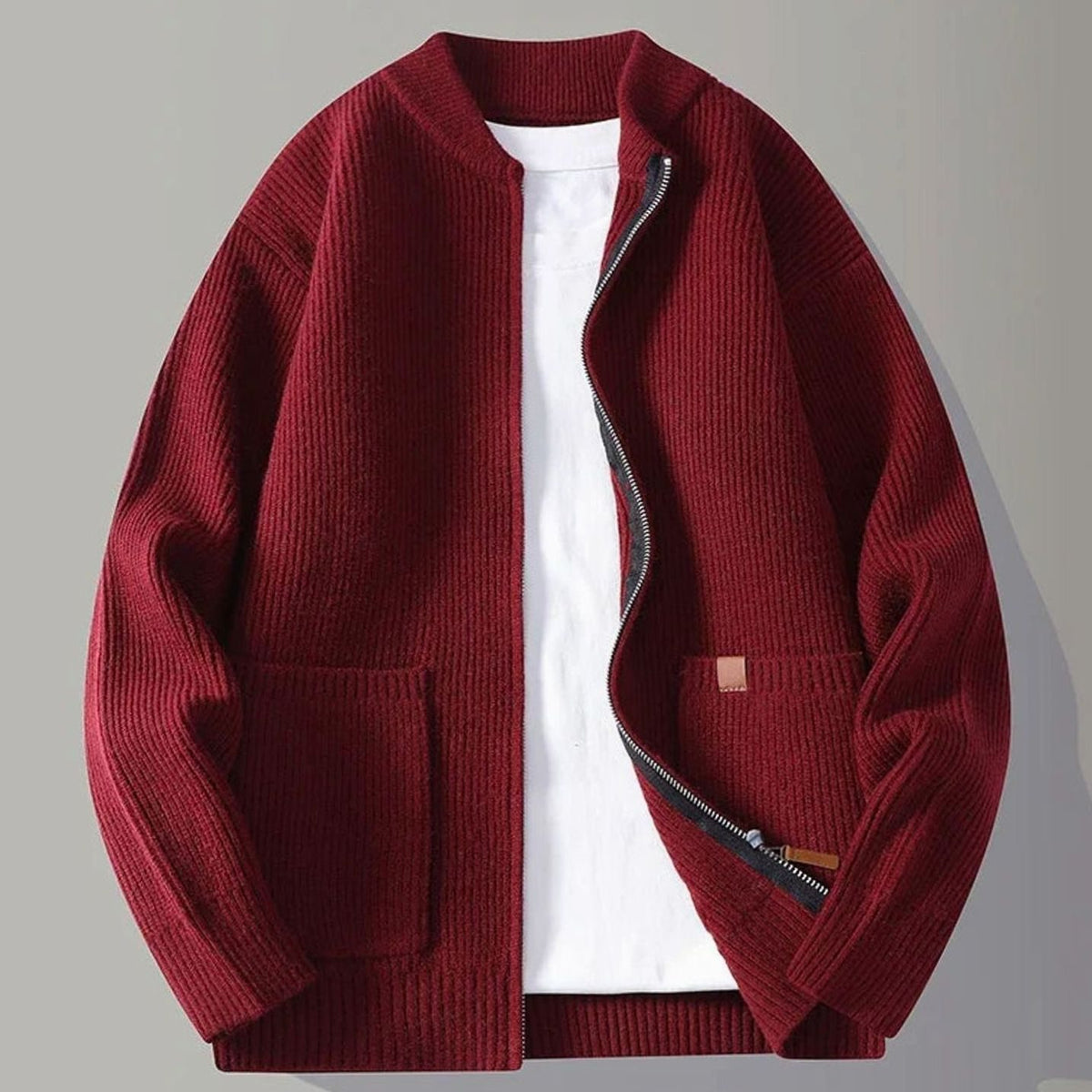 Men's Ribbed Knit Full-Zip Jacket with Front Pockets - Red