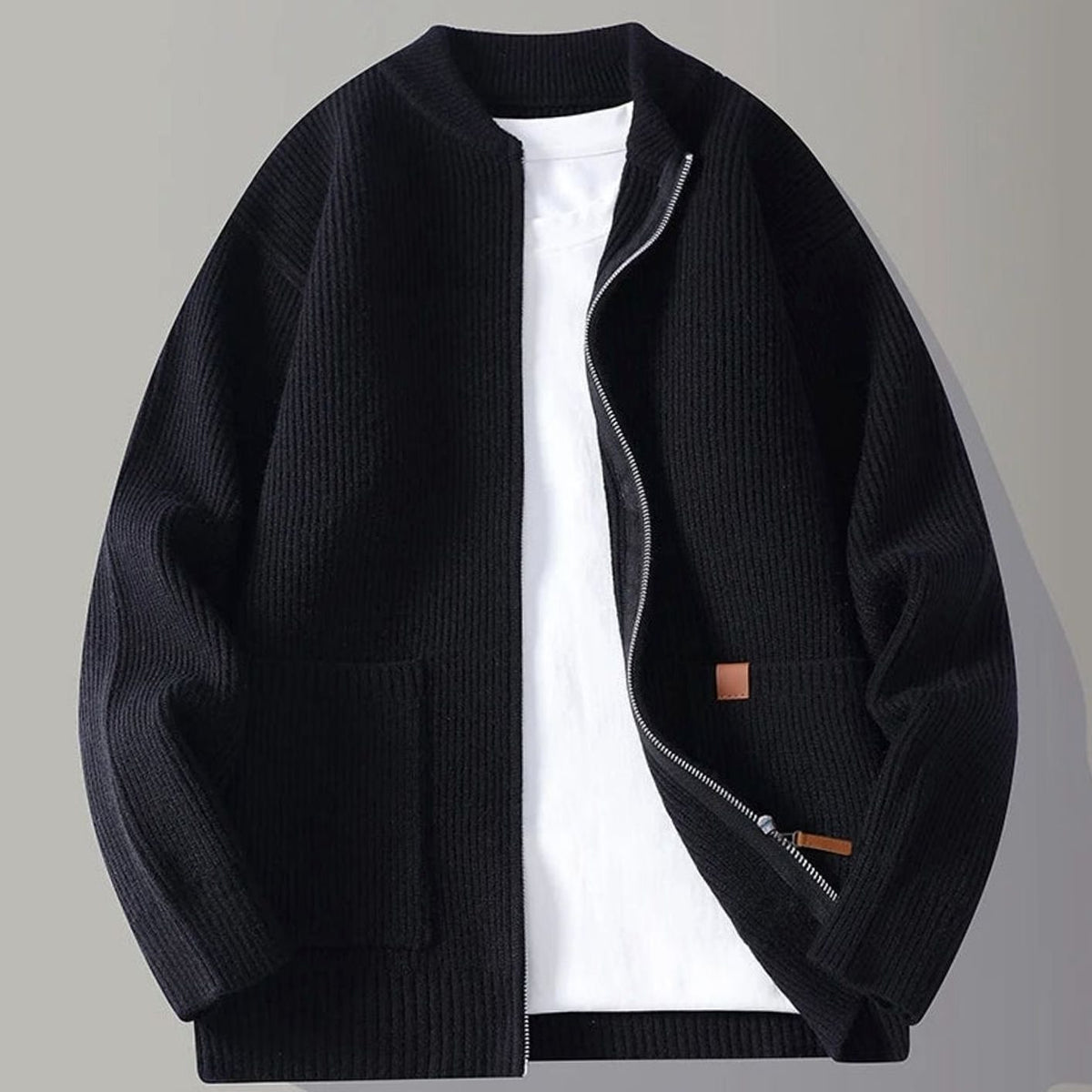 Men's Ribbed Knit Full-Zip Jacket with Front Pockets - Black
