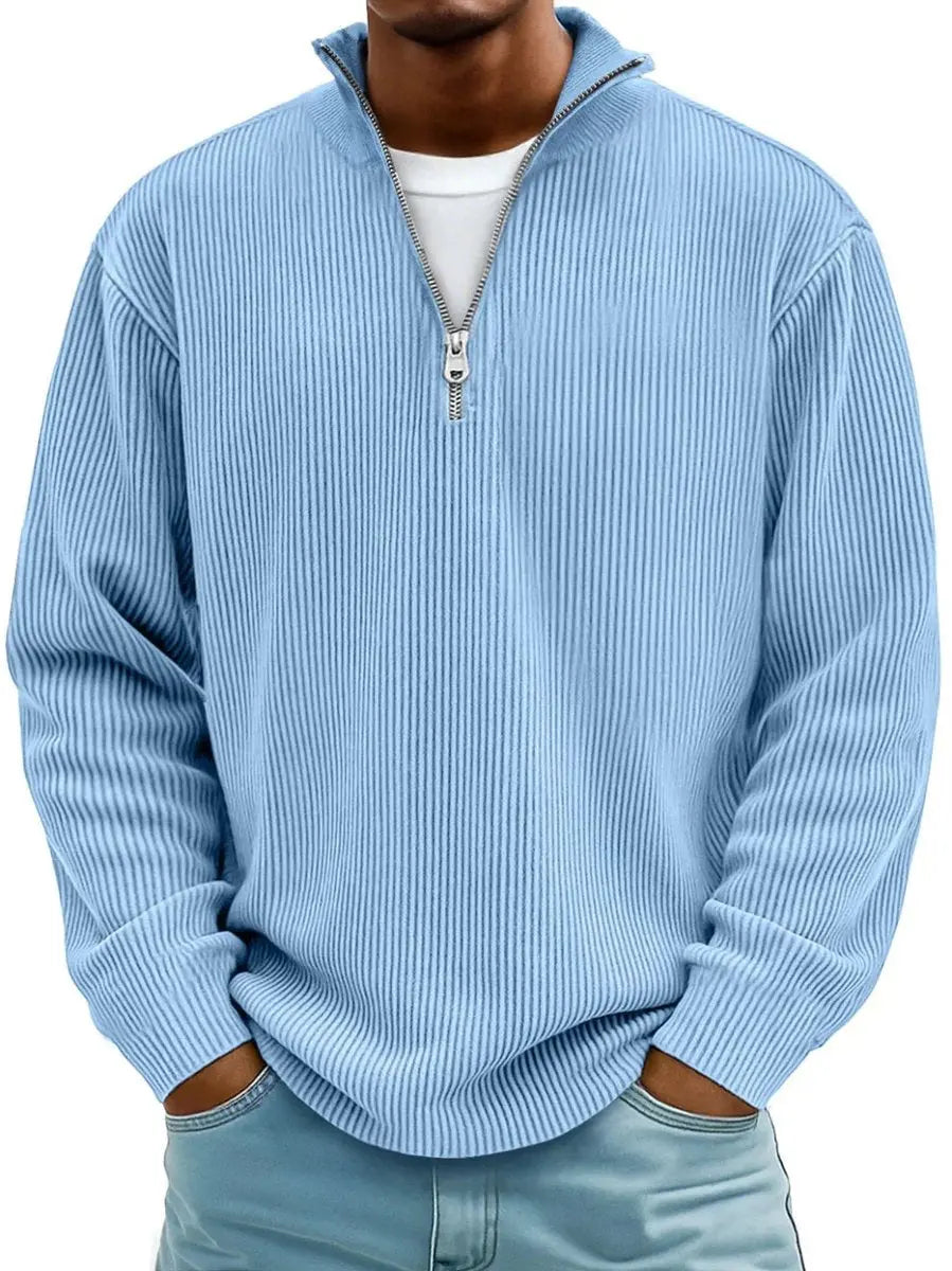 Men's Ribbed Knit Sweater Quarter-Zip Pullover Jumper - Blue