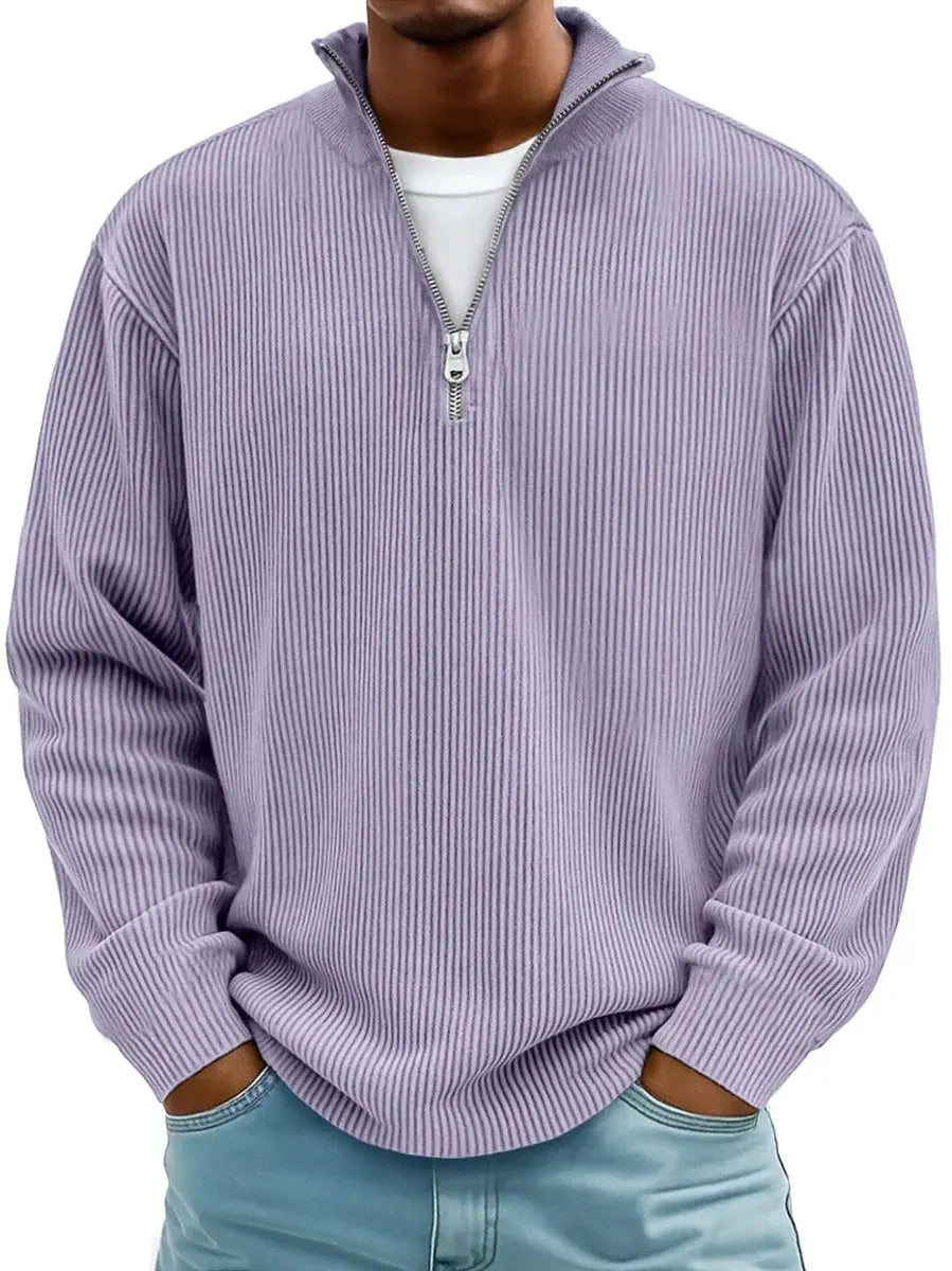 Men's Ribbed Knit Sweater Quarter-Zip Pullover Jumper - Purple