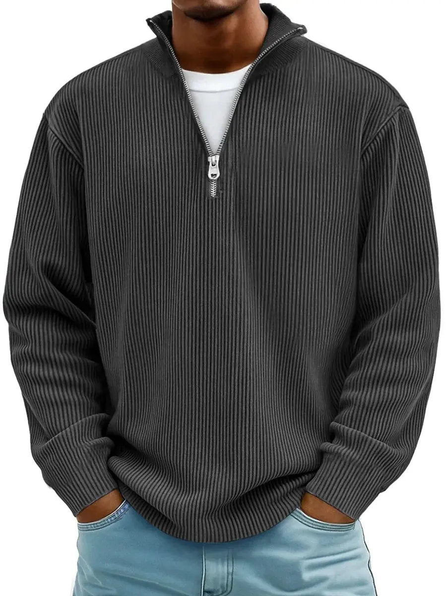 Men's Ribbed Knit Sweater Quarter-Zip Pullover Jumper - Black