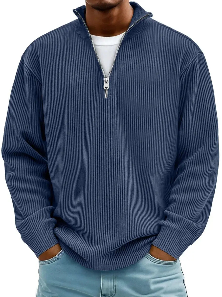 Men's Ribbed Knit Sweater Quarter-Zip Pullover Jumper - Navy Blue