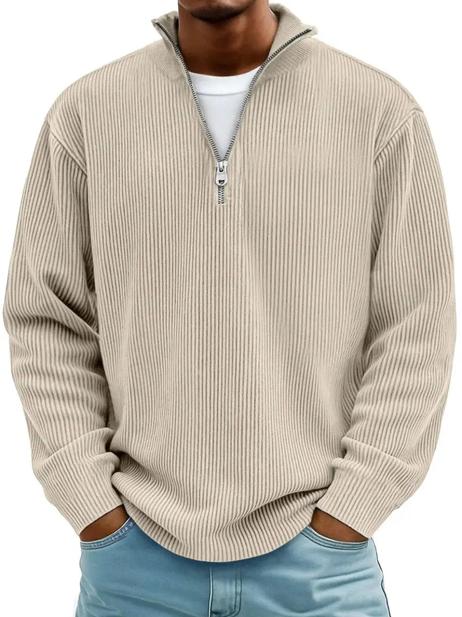 Men's Ribbed Knit Sweater Quarter-Zip Pullover Jumper - Khaki