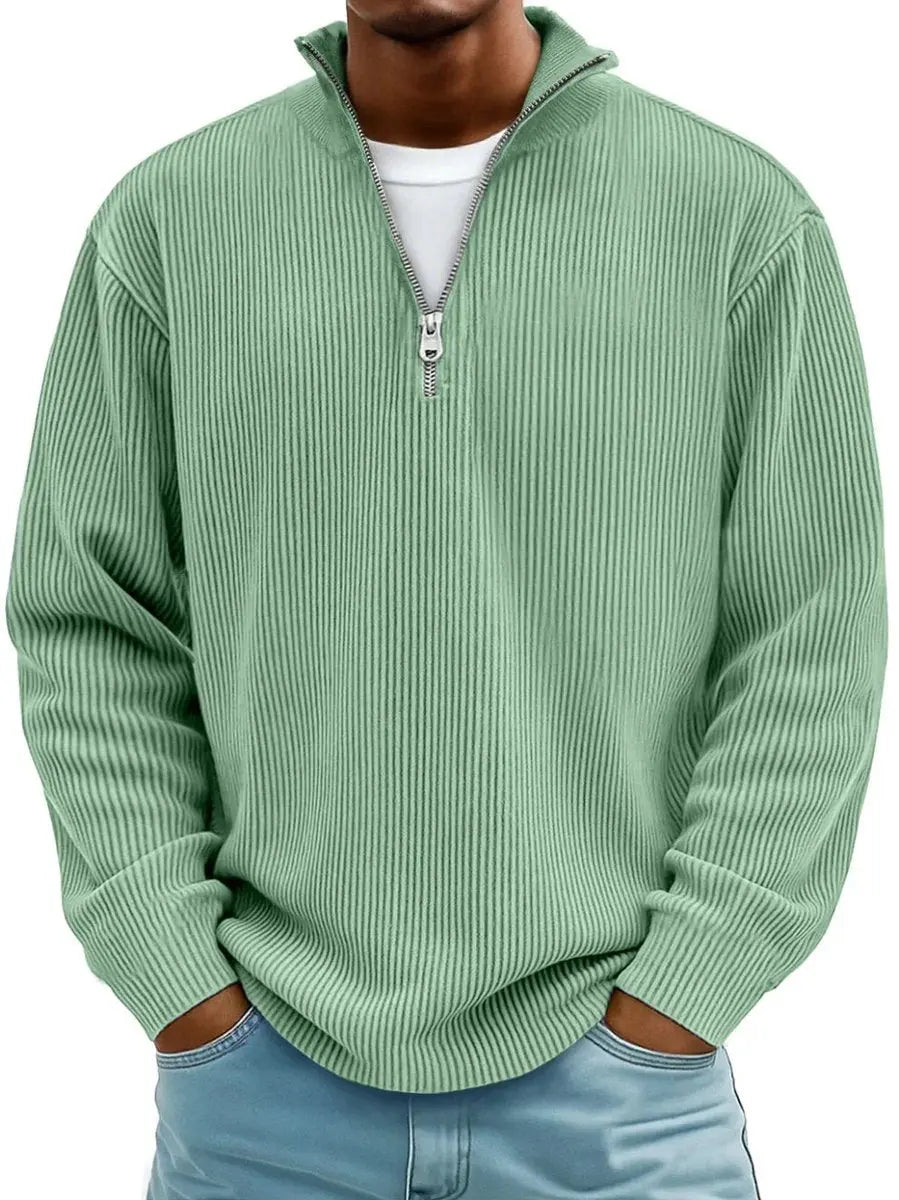 Men's Ribbed Knit Sweater Quarter-Zip Pullover Jumper - Green