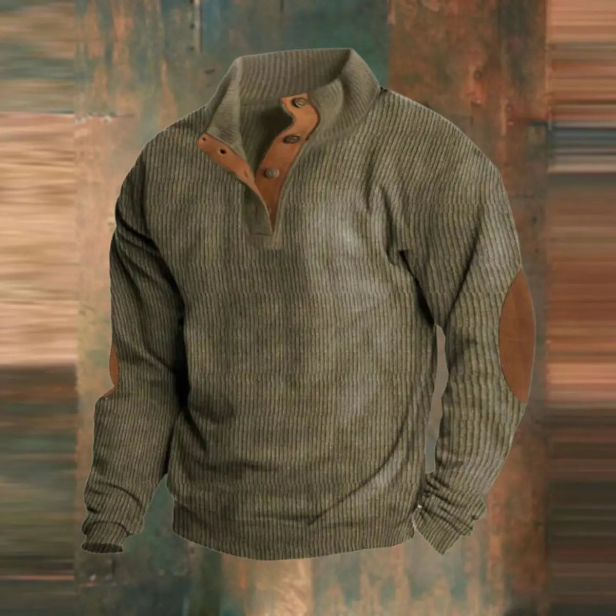 Men's Ribbed Knit Sweater Retro Quarter-Snap Pullover Elbow Patch - Green