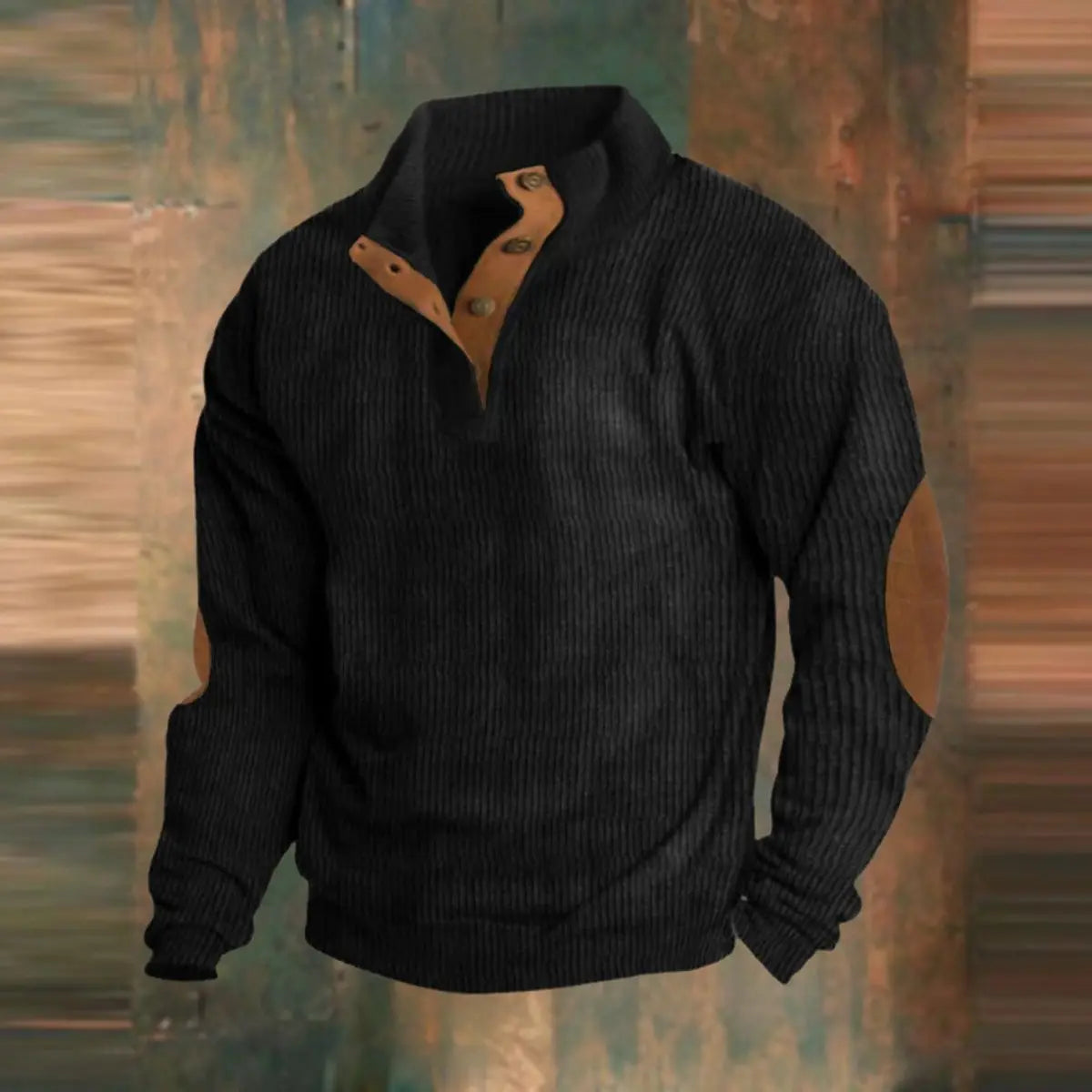 Men's Ribbed Knit Sweater Retro Quarter-Snap Pullover Elbow Patch - Black