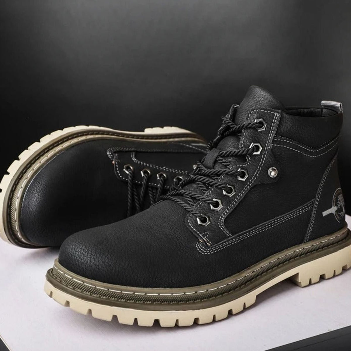 Men's Rugged Lace-Up Ankle Work Boots Padded Collar - Black