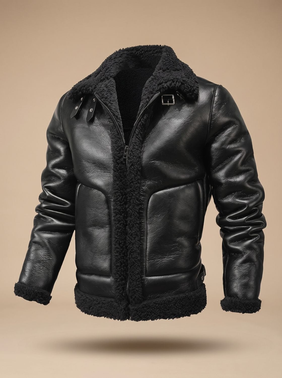 Men's Shearling-Lined Faux Leather B3 Bomber Jacket - Black