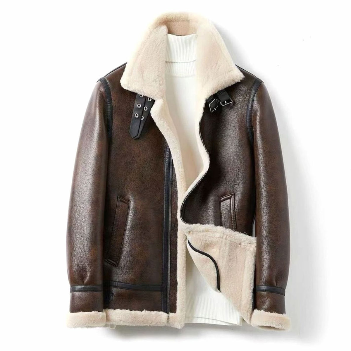 Men's Shearling-Lined Leather-Finish Aviator Jacket - Espresso Brown