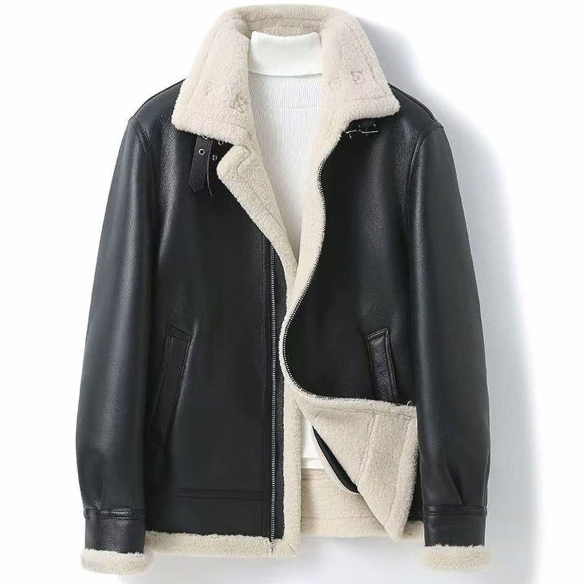 Men's Shearling-Lined Leather-Finish Aviator Jacket - Black