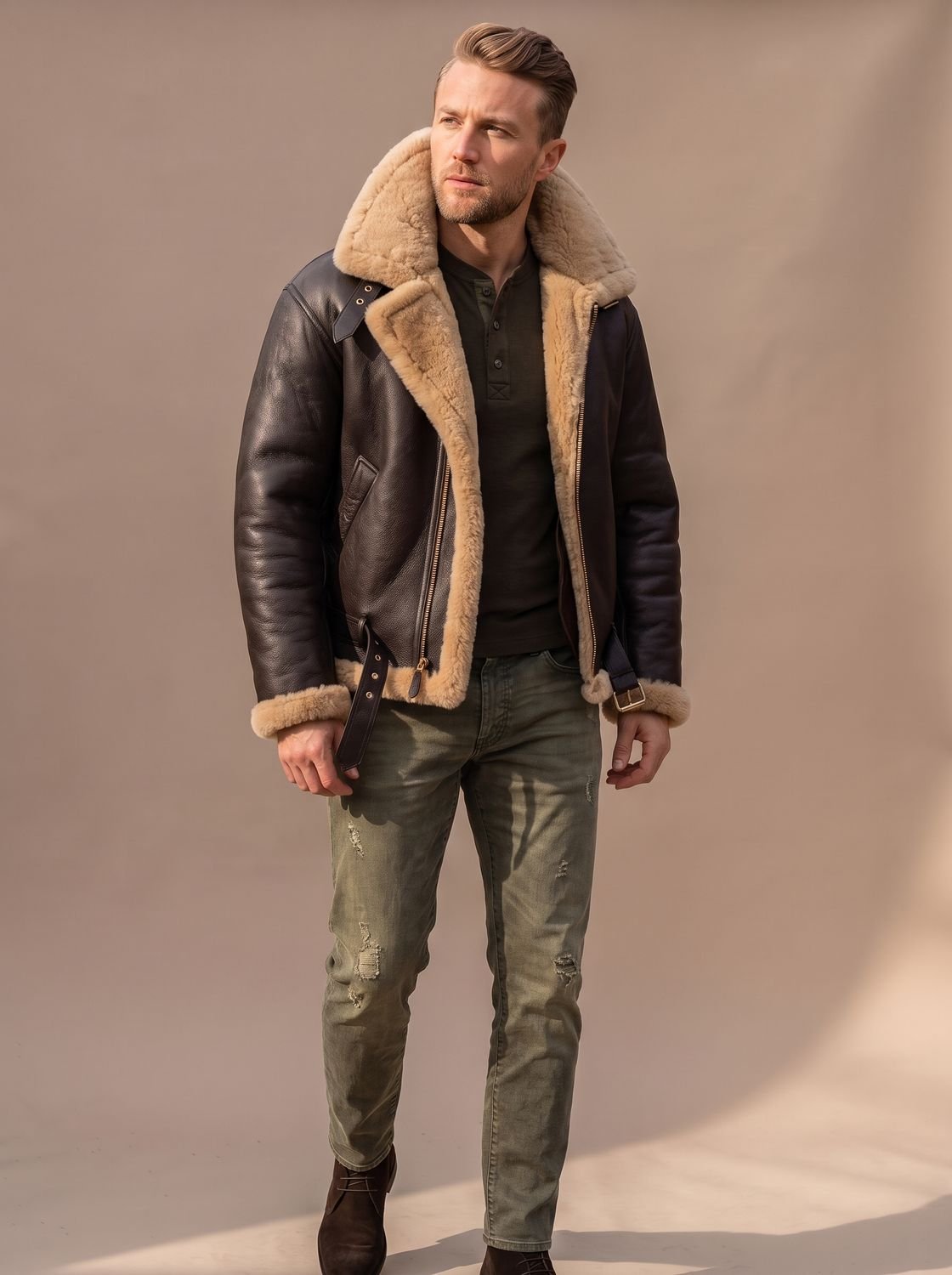 Men's Sheepskin Bomber Leather Flying Jacket Shearling Collar