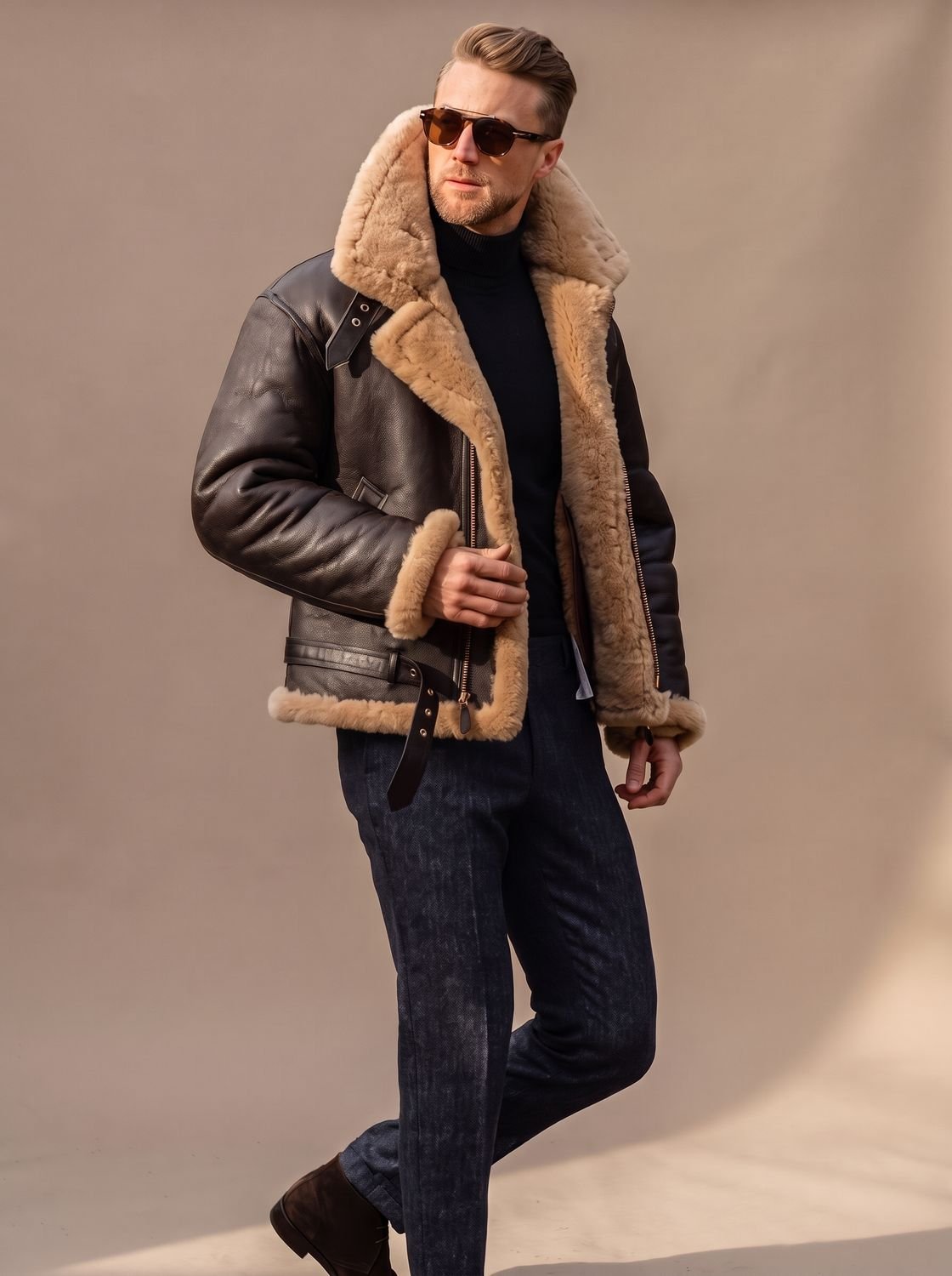 Men's Sheepskin Bomber Leather Flying Jacket Shearling Collar