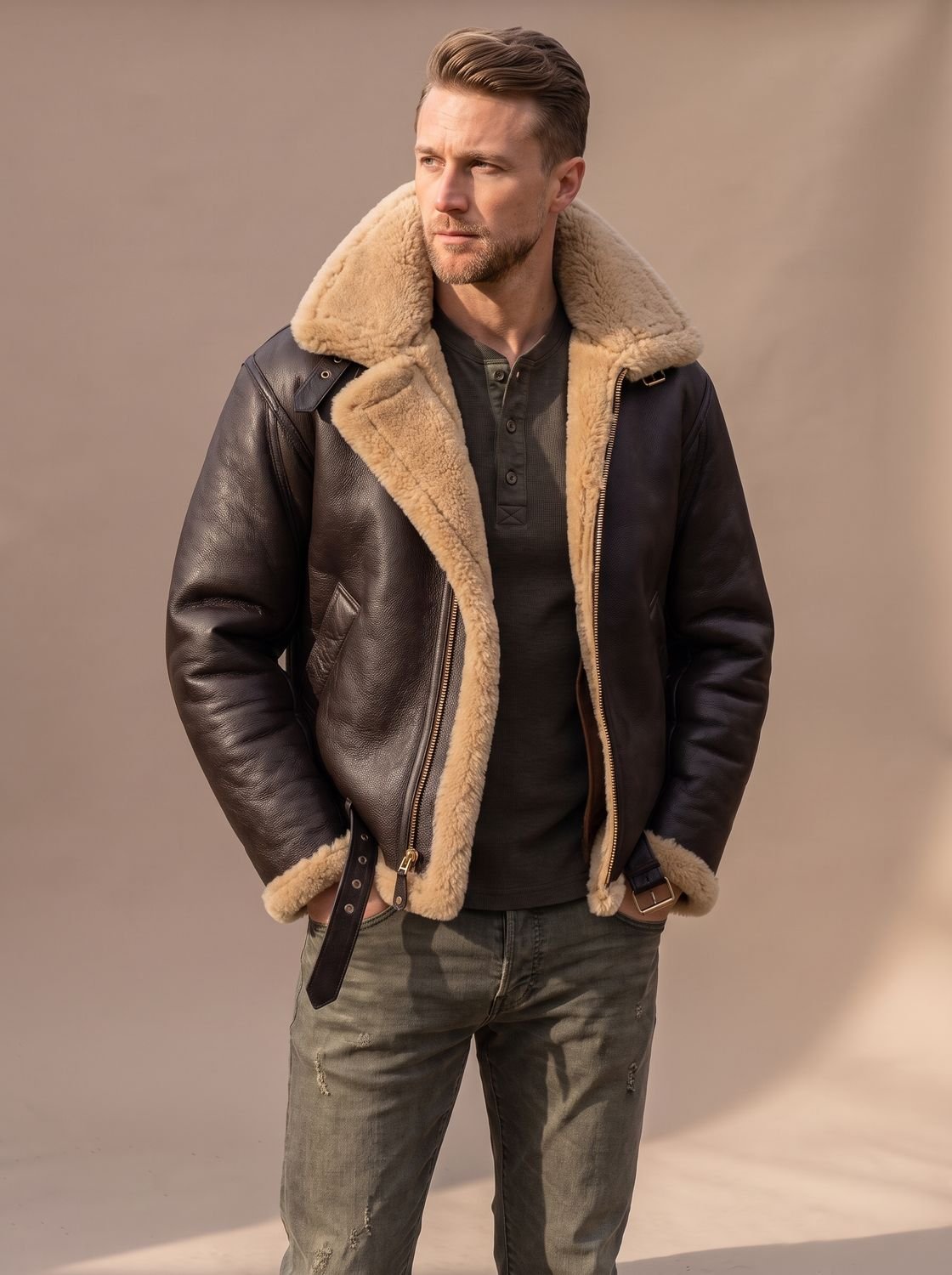 Men's Sheepskin Bomber Leather Flying Jacket Shearling Collar - Brown