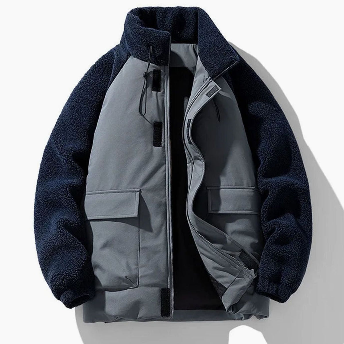 Men's Sherpa Colour-Block Zip-Up Winter Jacket - Navy