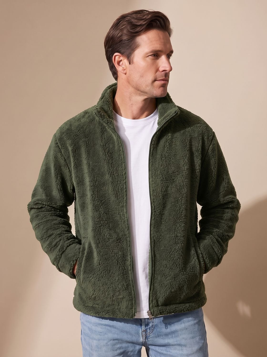 Men's Sherpa Fleece Full-Zip Stand-Collar Plush Jacket