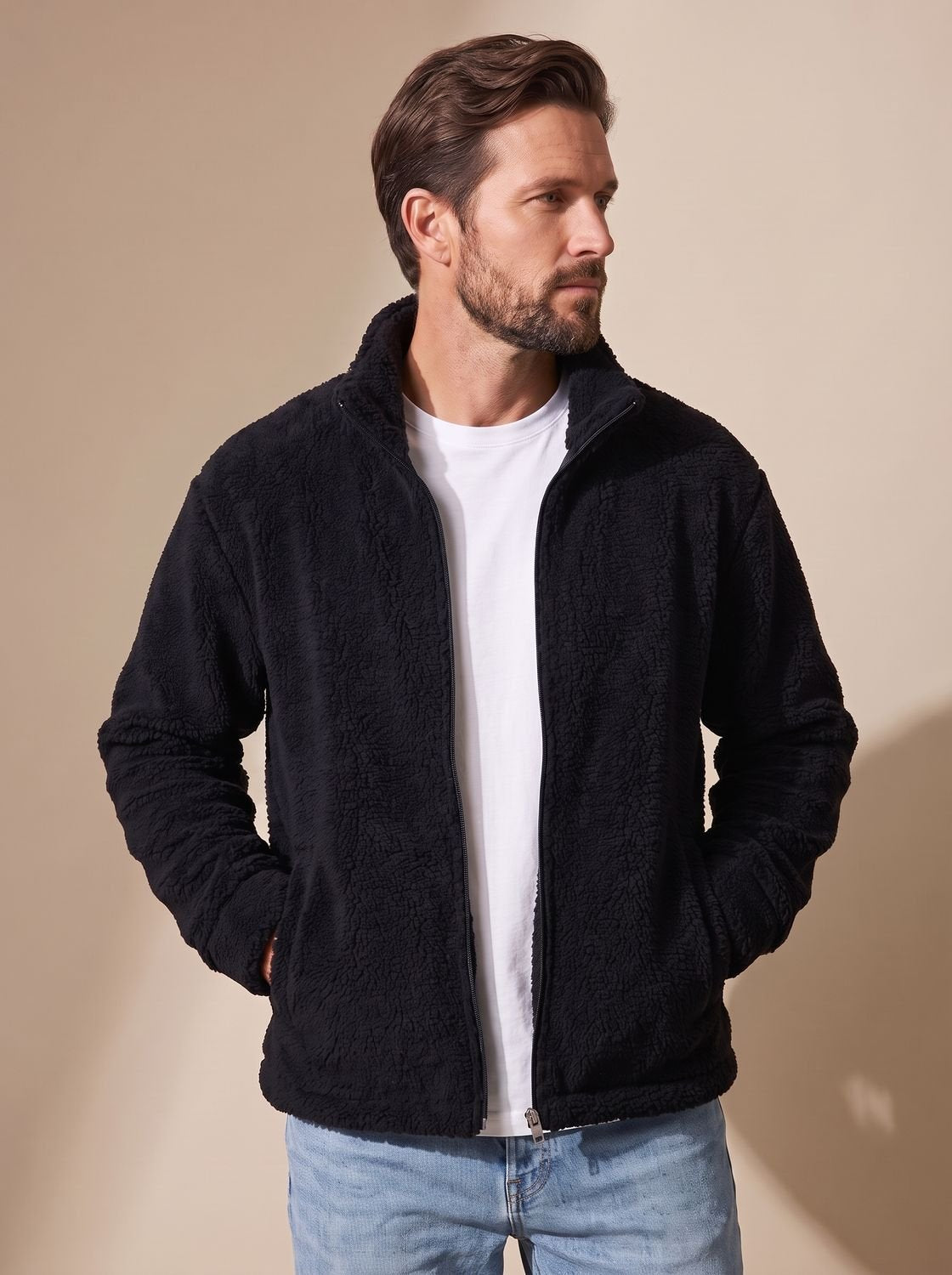 Men's Sherpa Fleece Full-Zip Stand-Collar Plush Jacket - Grey