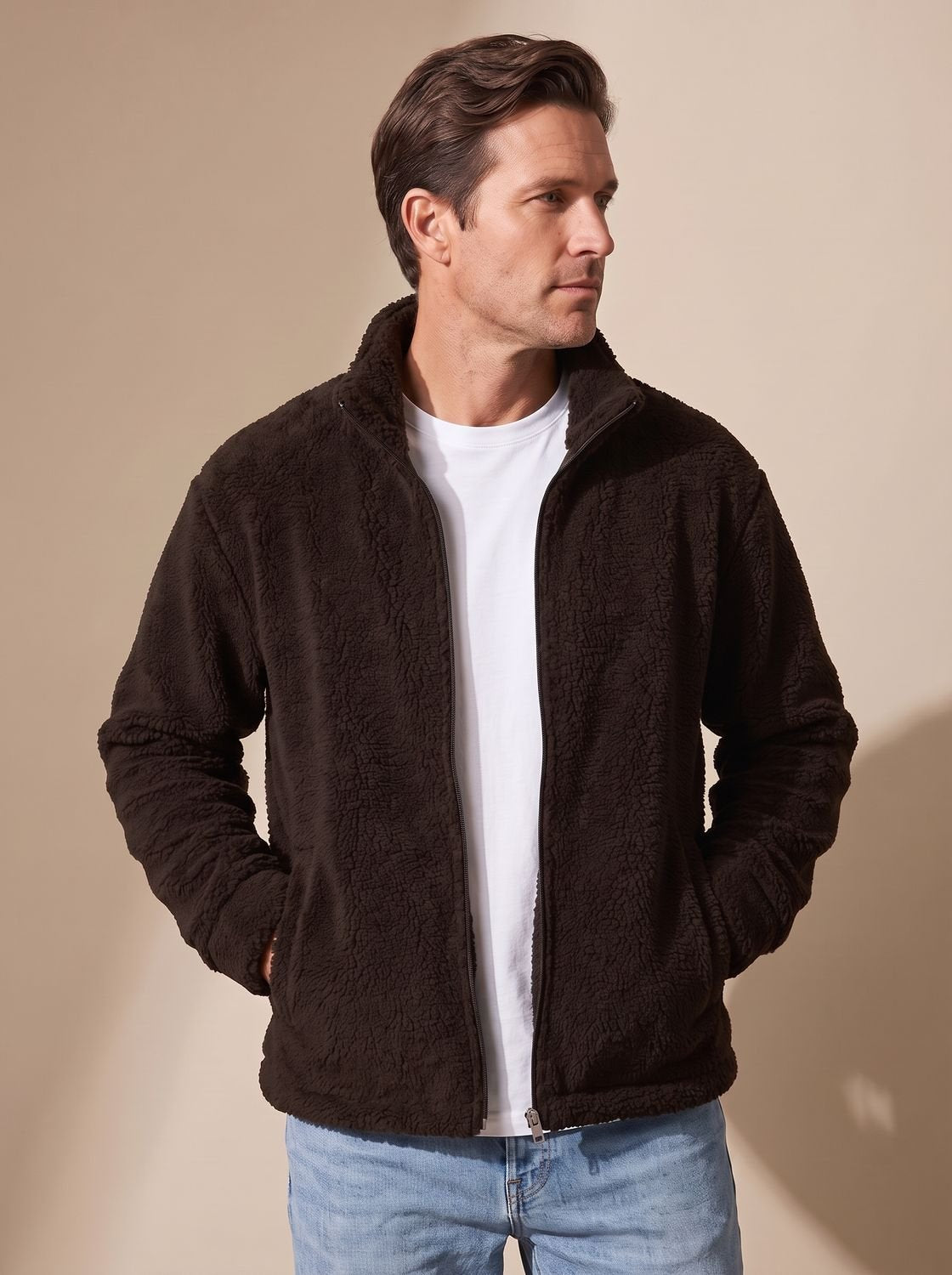 Men's Sherpa Fleece Full-Zip Stand-Collar Plush Jacket - Brown