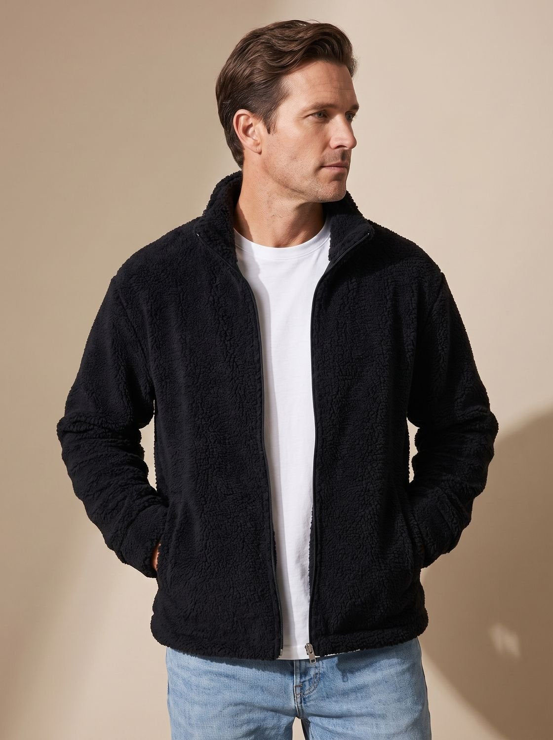 Men's Sherpa Fleece Full-Zip Stand-Collar Plush Jacket - Blue