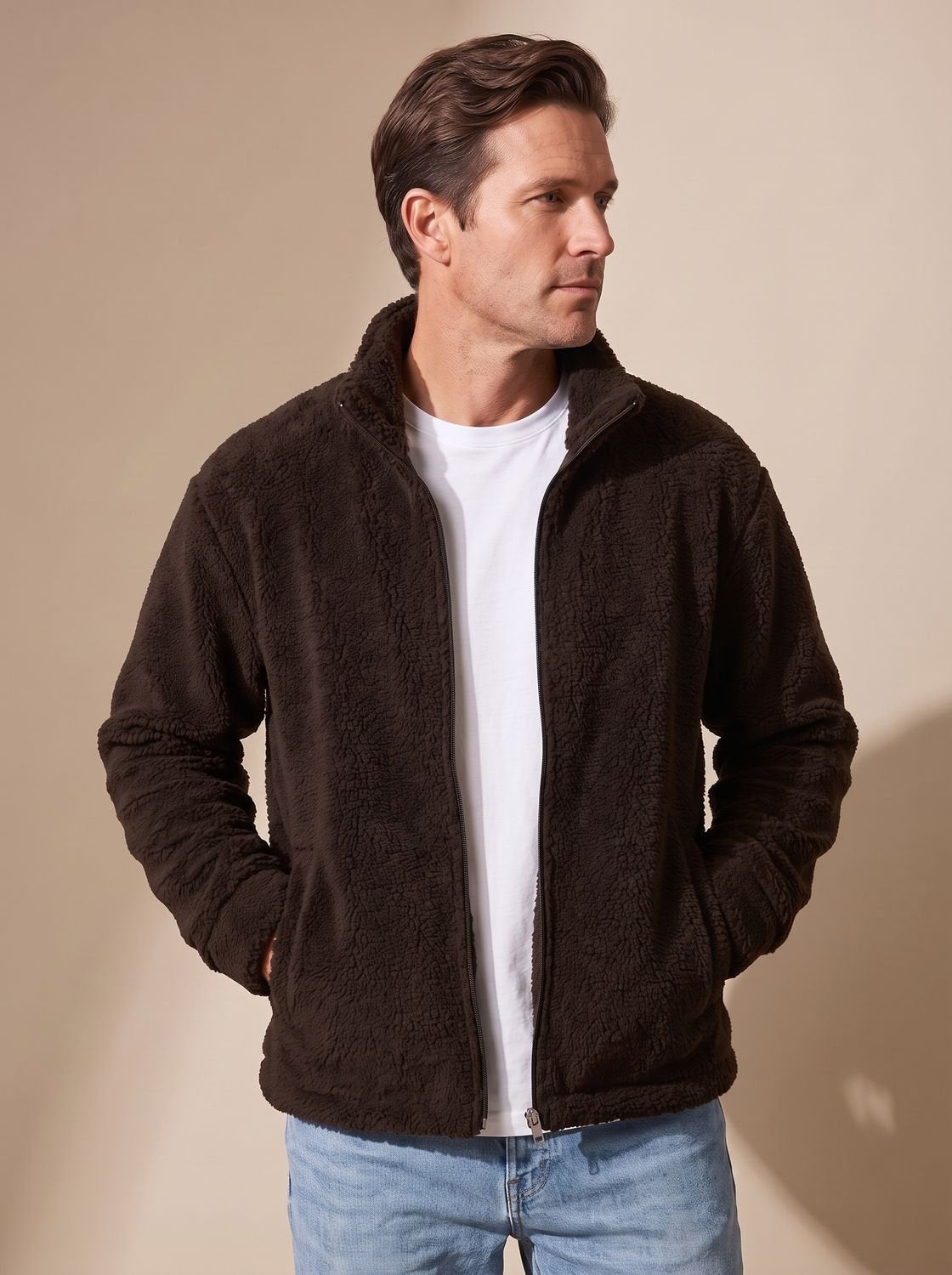 Men's Sherpa Fleece Full-Zip Stand-Collar Plush Jacket