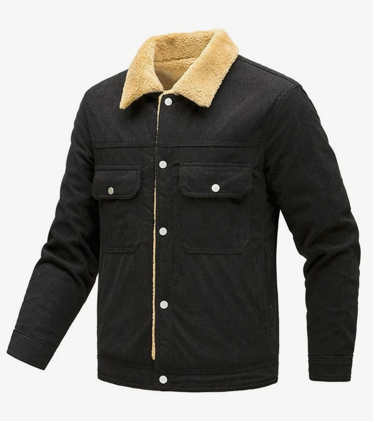 Men's Sherpa-Lined Corduroy Button-Up Jacket with Chest Pockets - Black