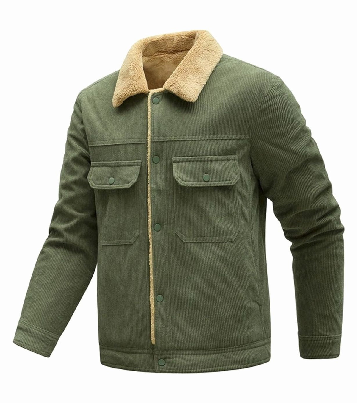 Men's Sherpa-Lined Corduroy Button-Up Jacket with Chest Pockets - Olive Green (Army Green)