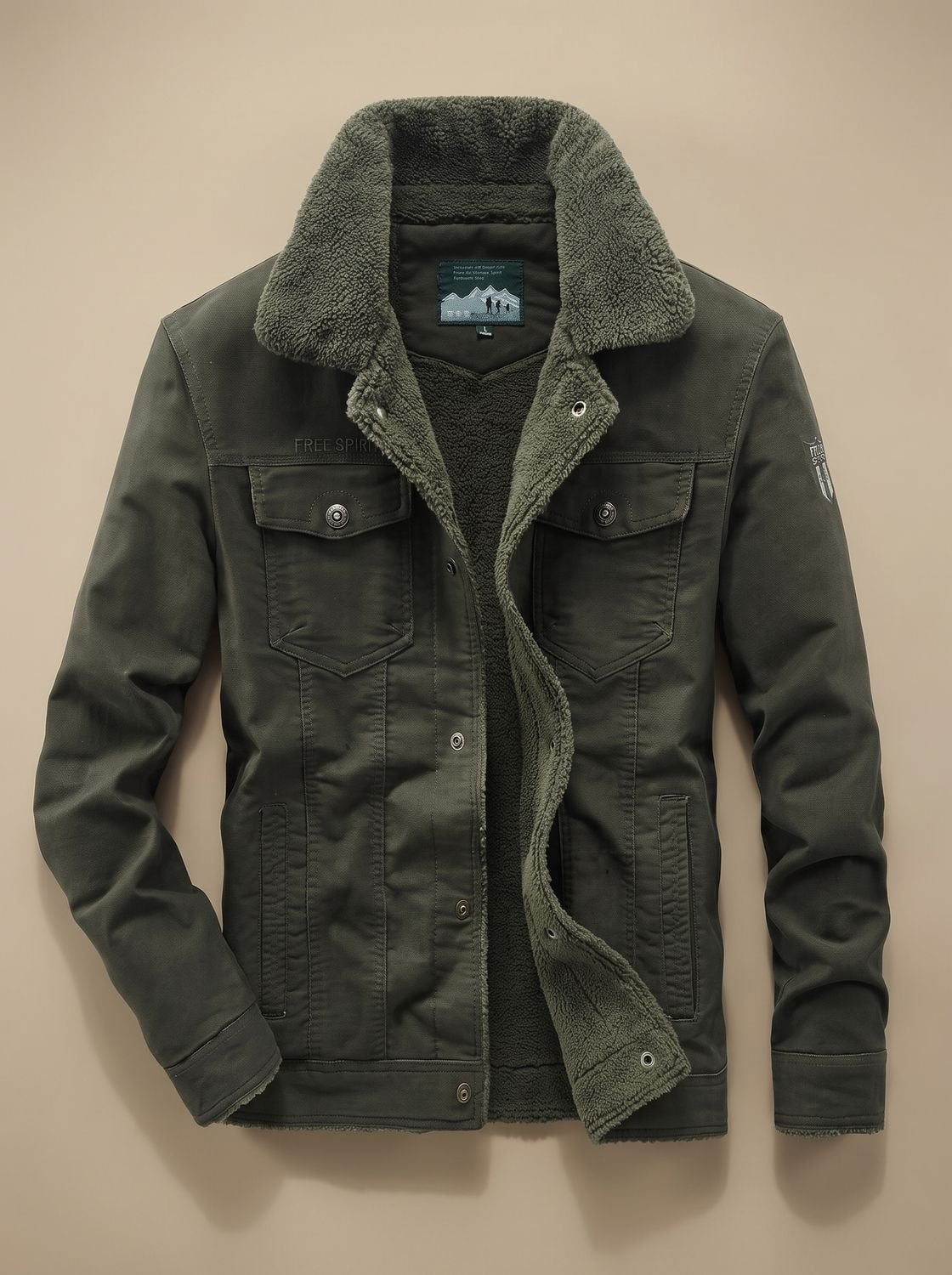 Men's Sherpa-Lined Fleece Cargo Jacket Snap Button - Green
