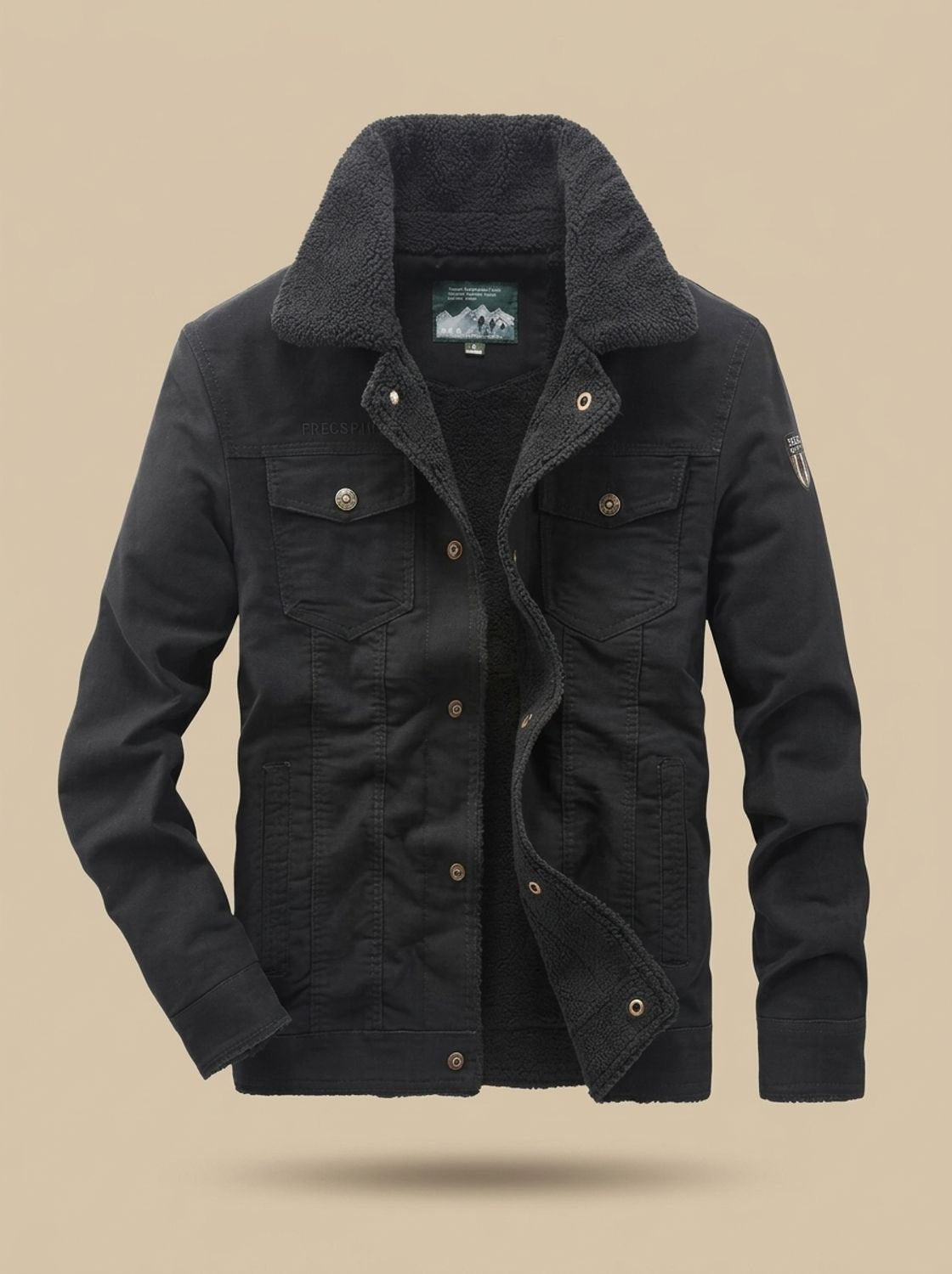 Men's Sherpa-Lined Fleece Cargo Jacket Snap Button - Black