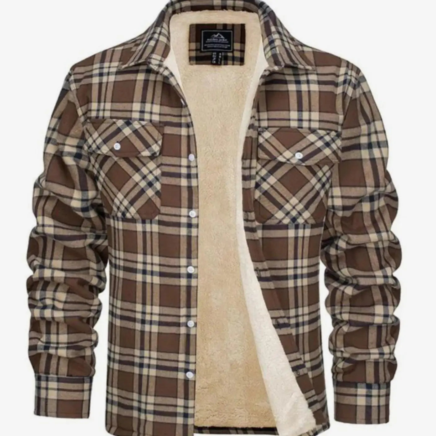 Men's Sherpa Lined Fleece Flannel Plaid Shirt Jacket Mens Coat - Khaki