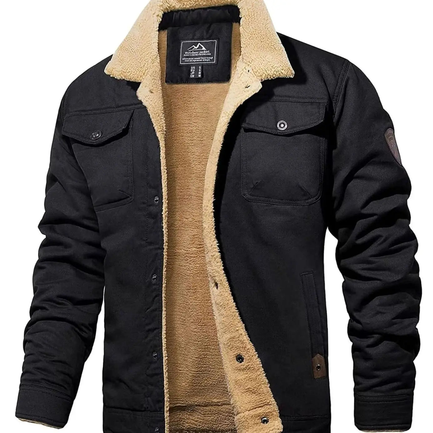 Men's Sherpa-Lined Relaxed-Fit Snap-Button Winter Jacket - Black