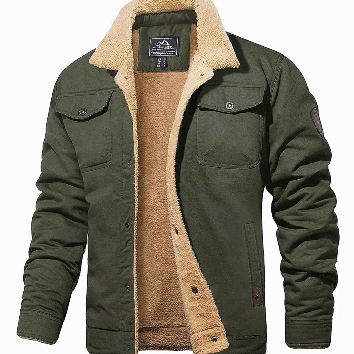 Men's Sherpa-Lined Relaxed-Fit Snap-Button Winter Jacket - Army Green