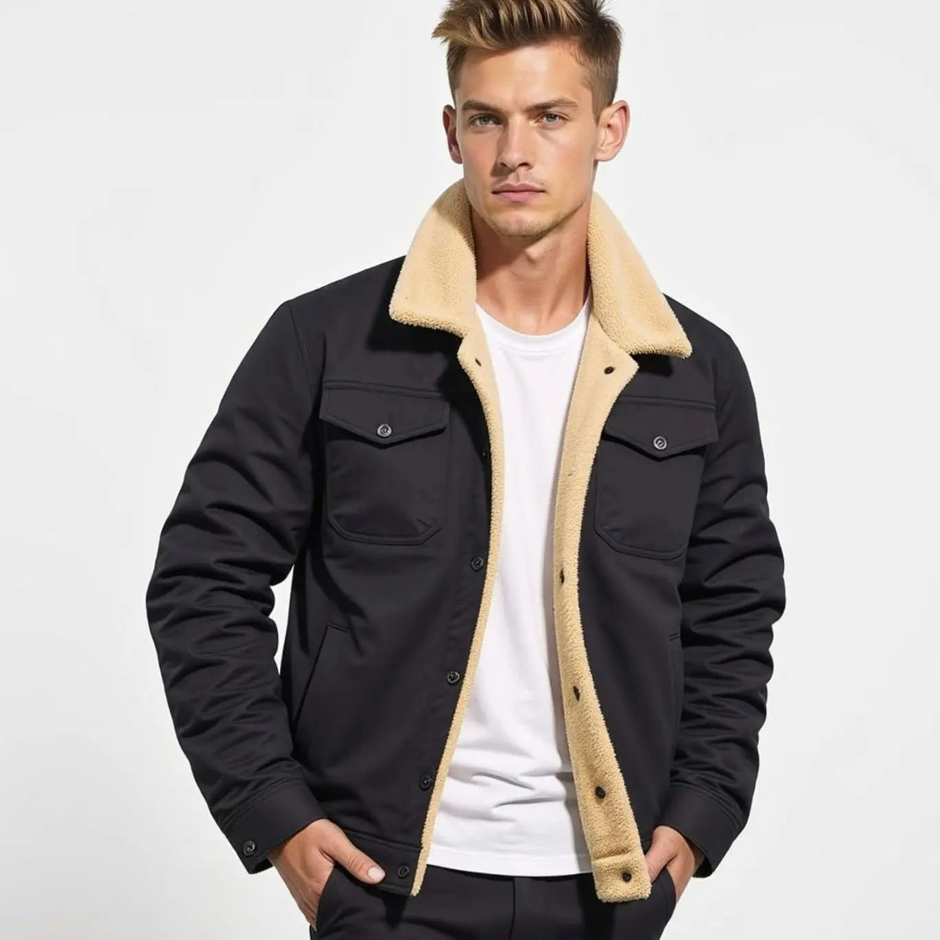 Men's Sherpa-Lined Relaxed-Fit Snap-Button Winter Jacket