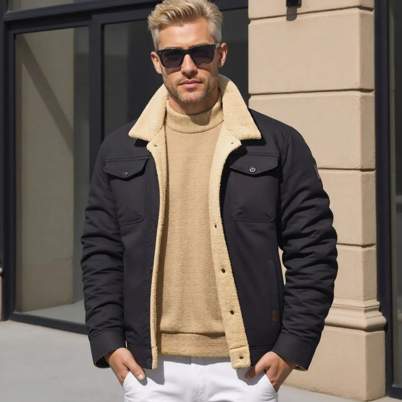 Men's Sherpa-Lined Relaxed-Fit Snap-Button Winter Jacket