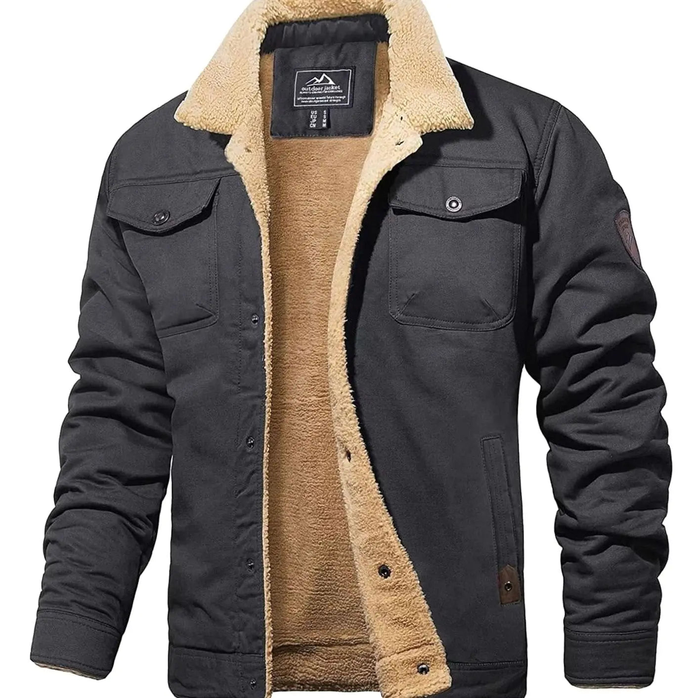 Men's Sherpa-Lined Relaxed-Fit Snap-Button Winter Jacket - Dark Grey