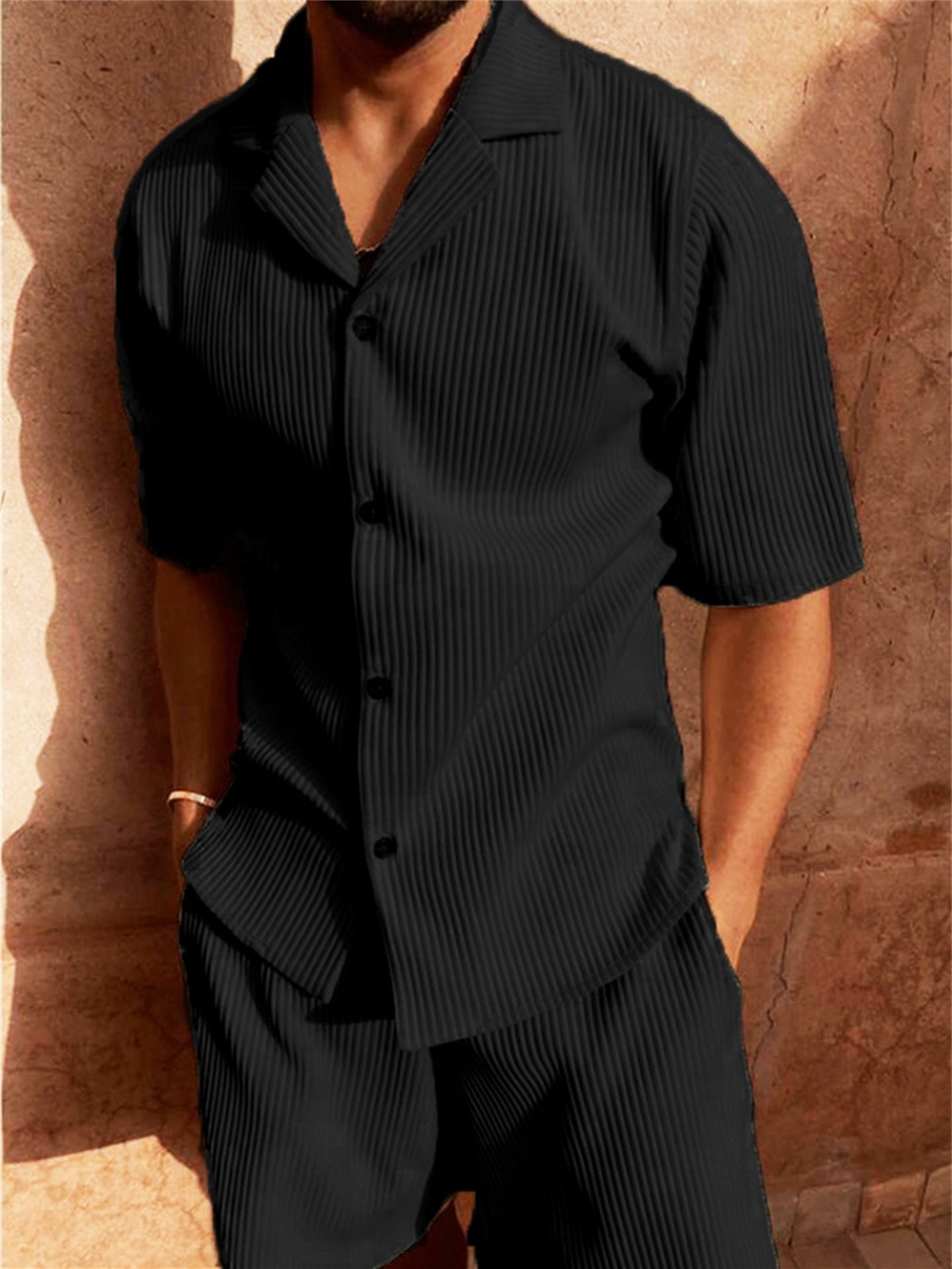 Men's Short Sleeve Button Shirt Shorts 2 Piece Set Ribbed - Black