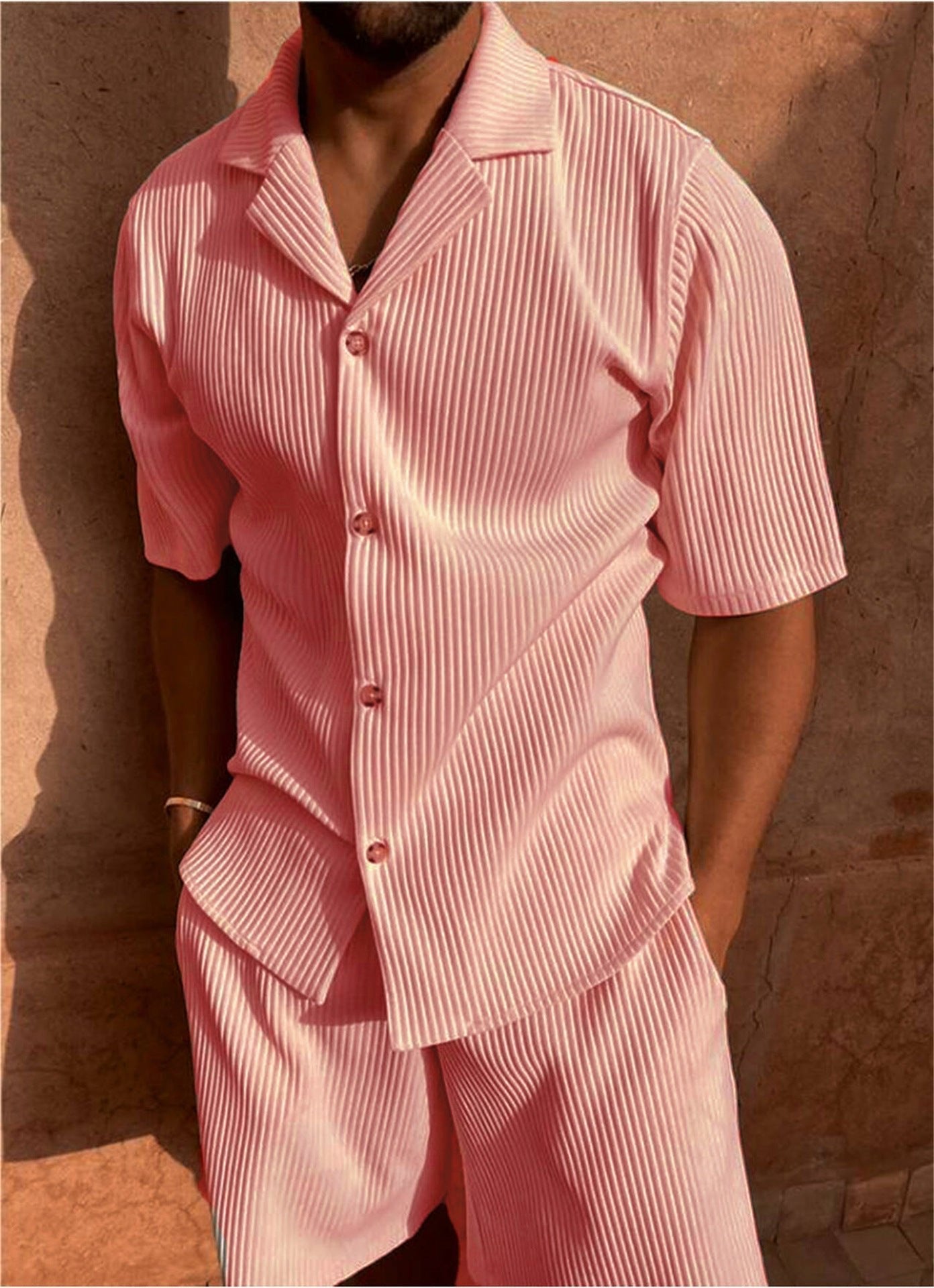 Men's Short Sleeve Button Shirt Shorts 2 Piece Set Ribbed - Pink