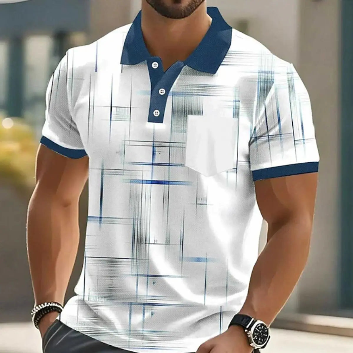 Men's Short-Sleeve Geometric-Print Button-Up Polo Shirt - Blue