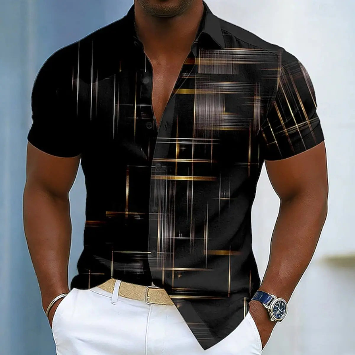 Men's Short Sleeve Geometric Print Relaxed-Fit Button-Up Shirt - Black