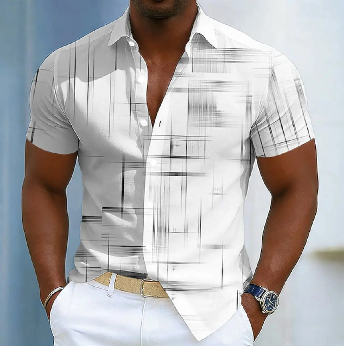 Men's Short Sleeve Geometric Print Relaxed-Fit Button-Up Shirt - White