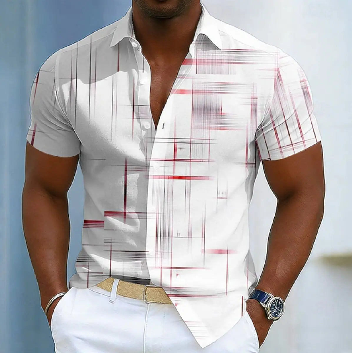 Men's Short Sleeve Geometric Print Relaxed-Fit Button-Up Shirt - Red