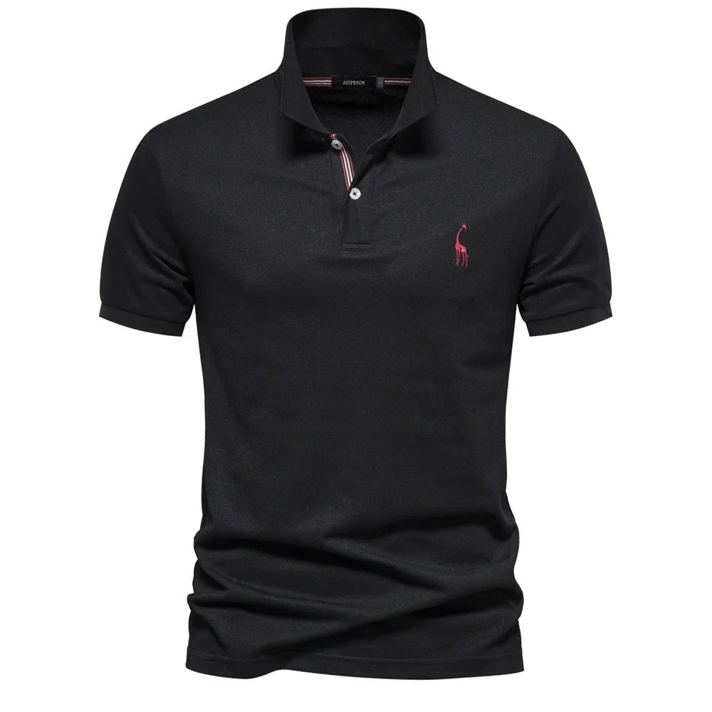 Men's Short Sleeve Polo Shirt Button Placket Giraffe Emblem - Black